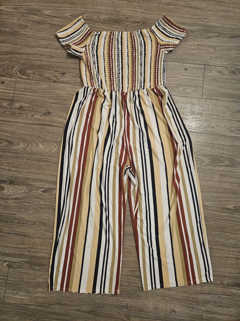 J for Justify Off-Shoulder Striped Jumpsuit in Mustard, Rust & Black Size 2X